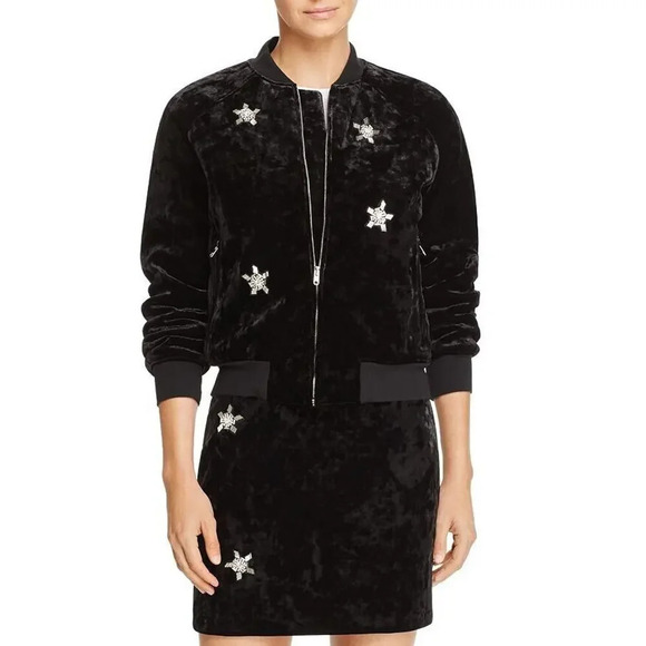 Sandro Briny Embellished Velvet Bomber Jacket Sz 2 US Medium Runs Small 2E402 - Picture 1 of 16